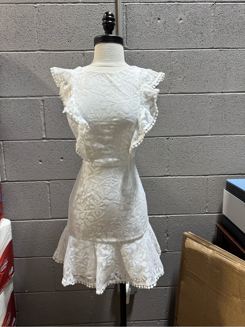 Hello Molly White Floral Lace Ruffle Mini Dress